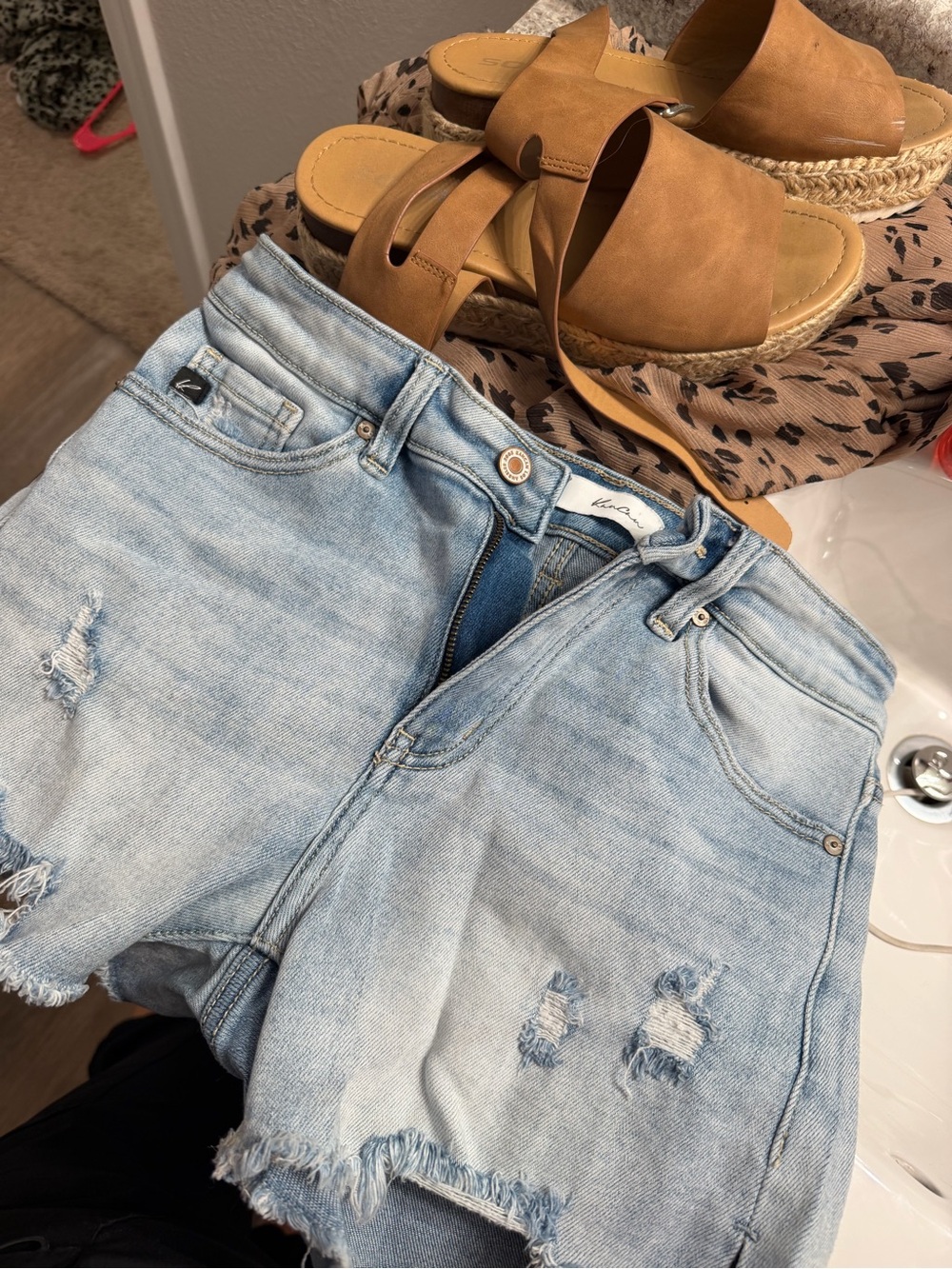 KanCan Light Blue Distressed High-Rise Denim Shorts